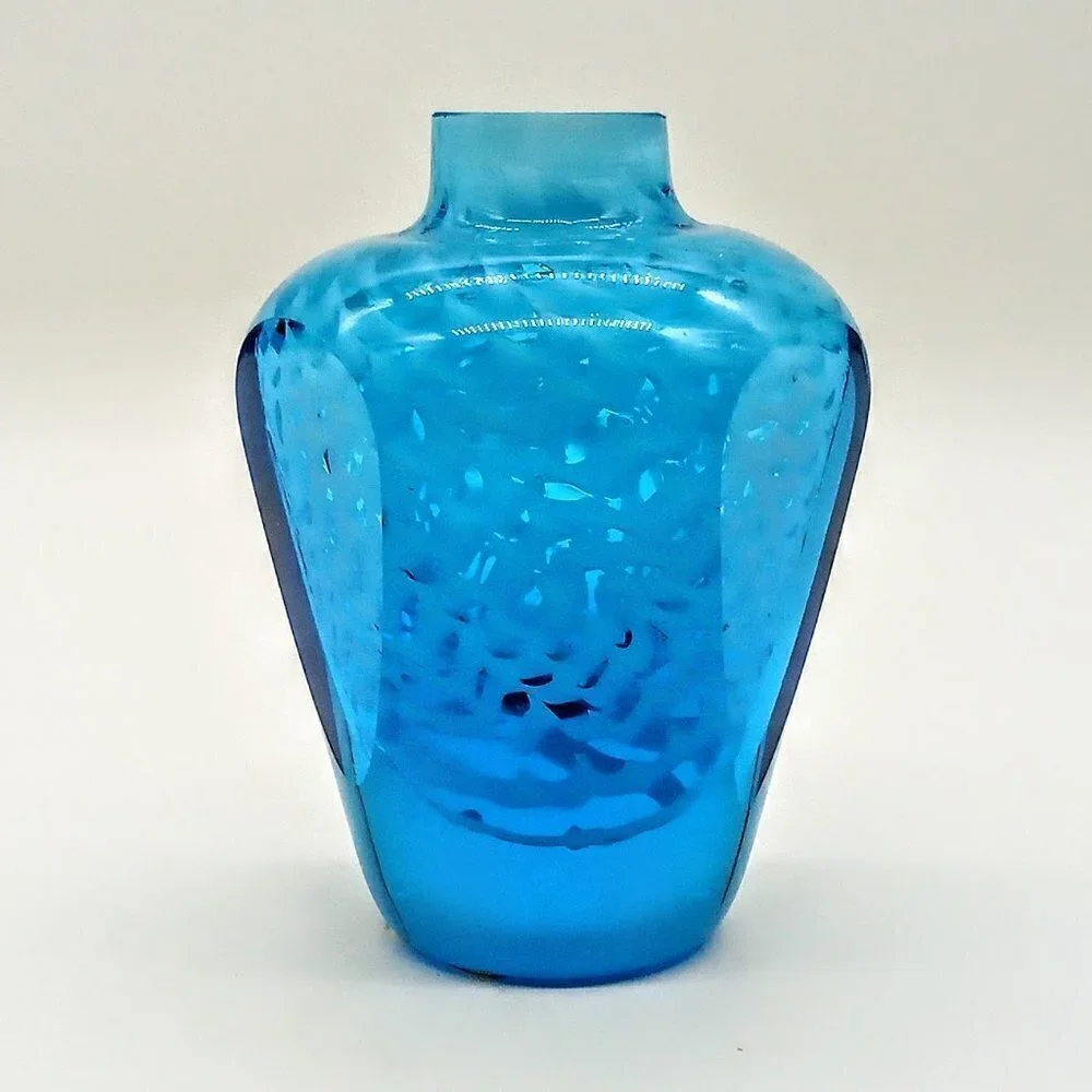 Blue White Swirl Flat Cut Side Art Glass Vase